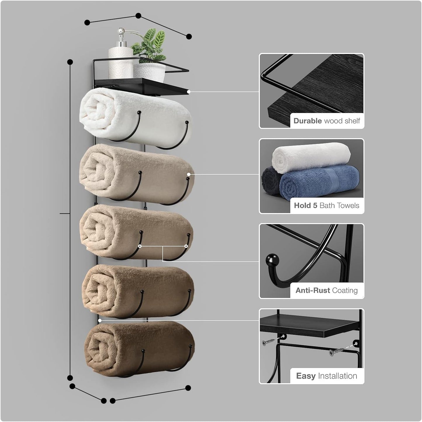 Bathroom Towel Holder - 5 Tier Metal Towel Rack with Wood Shelf for Rolled Bath Towels, Washcloths, Linens, Hand Towels, Soaps & Accessories - Wall Mounted Towel Rack for Bathroom Towel Storage