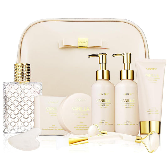 Gifts for Women, Vanilla Spa Gift Basket for Women - Self Care Kit Bath Set with Shower Gel, Bubble Bath, Perfume, Gua Sha, Jade Roller - Birthday Gift Set for Women, Mom, Mother'S Day