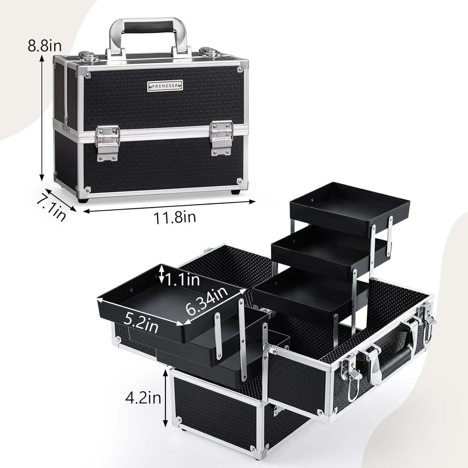 Makeup Train Case Makeup Case 11.8 Inch Large Cosmetic Box Organizer Travel Storage Professional Make up Train Carrying Case with 6 Trays Locking Hard Vanity Storage Black