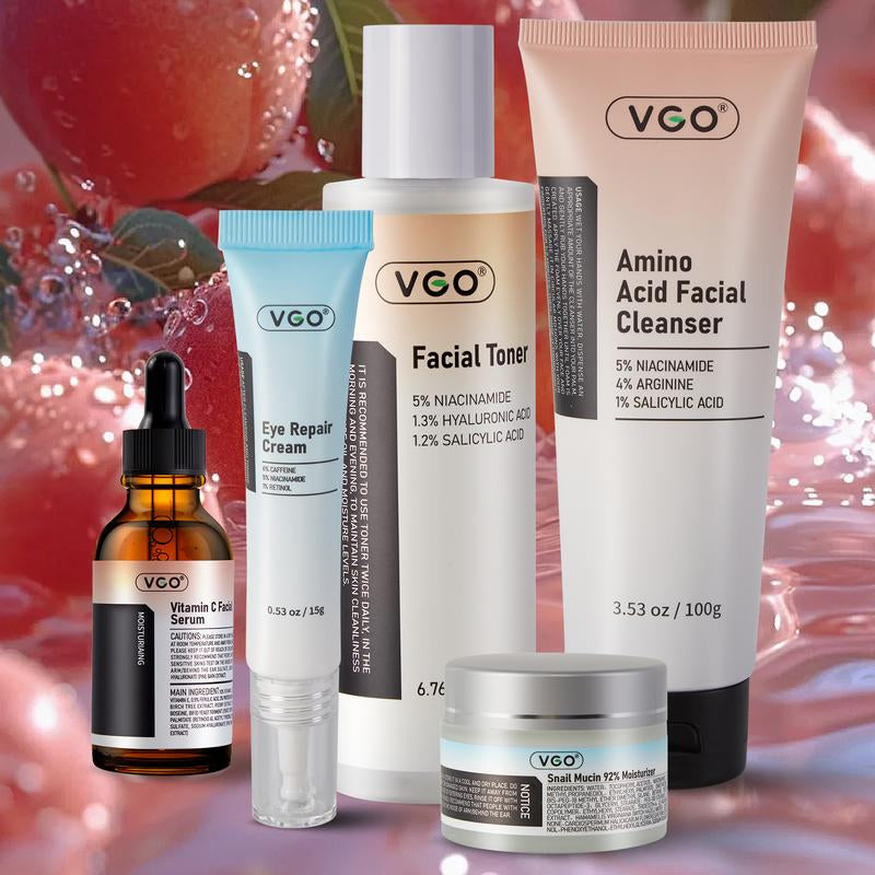 VGO 6 in 1 Kit Skincare Set, Facial Cleansing Set, Gift Box Set Face Serum, Gentle Serum Vitamina C Moisturizing Cream Deep Hydration Easily Absorbed Winter Moisturizer Dry Skin Reduce Wrinkles Brightening Serum Even Skin Tone Oil Control Serum Korean