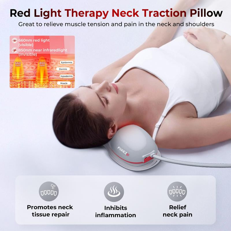 Flikeze Heated Neck Massager with Red Light Therapy, Portable Cervical Traction Device for TMJ Pain Relief and Shoulder Relaxer, Wireless Neck Pillow Traction Massager for Home/Office Used/Desk Worker, Neck Stretch Pillow, FSA HSA Eligible