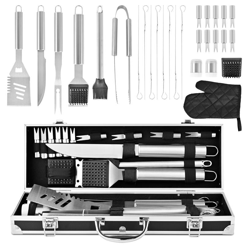 BBQ Grill Tool Set 30Pcs Heavy Duty Stainless Steel Utensils in Aluminum Case for Family Cooking & Grilling Essentials Non-Slip Grilling Accessories