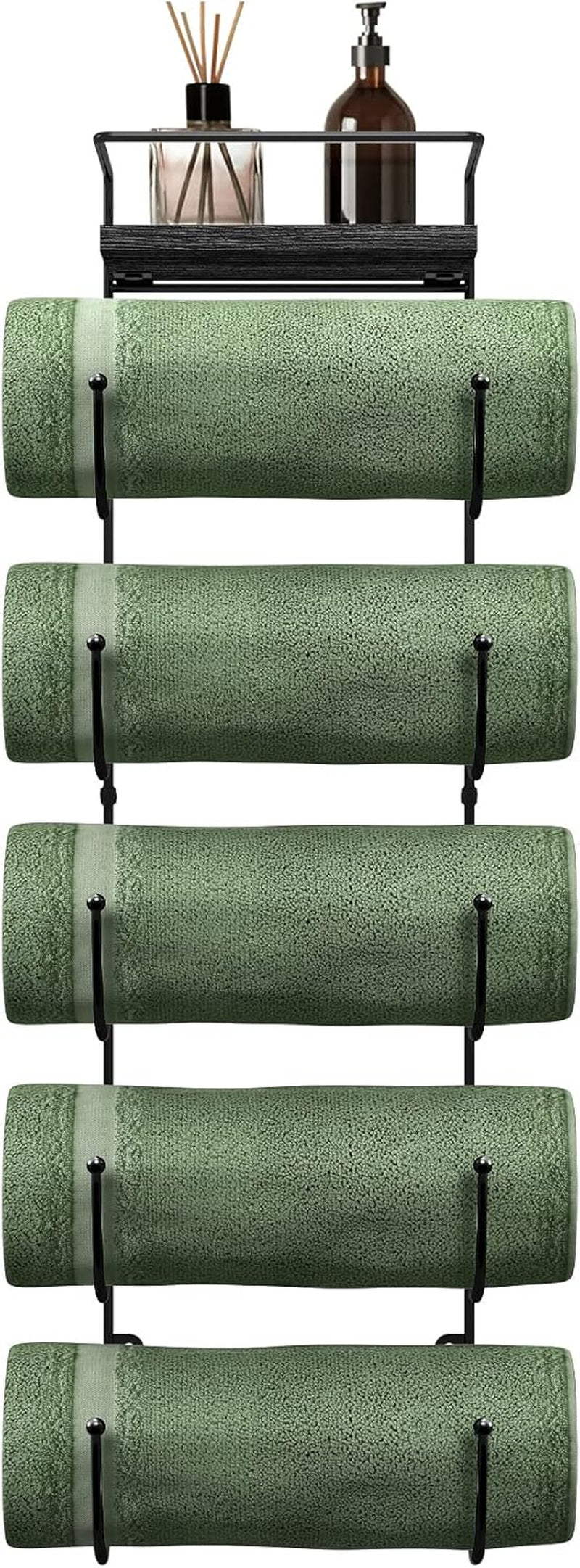 Bathroom Towel Holder - 5 Tier Metal Towel Rack with Wood Shelf for Rolled Bath Towels, Washcloths, Linens, Hand Towels, Soaps & Accessories - Wall Mounted Towel Rack for Bathroom Towel Storage