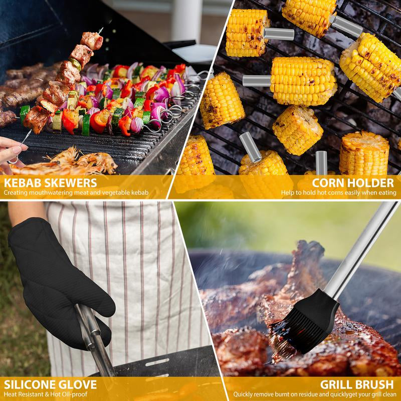 BBQ Grill Tool Set 30Pcs Heavy Duty Stainless Steel Utensils in Aluminum Case for Family Cooking & Grilling Essentials Non-Slip Grilling Accessories
