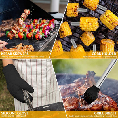 BBQ Grill Tool Set 30Pcs Heavy Duty Stainless Steel Utensils in Aluminum Case for Family Cooking & Grilling Essentials Non-Slip Grilling Accessories