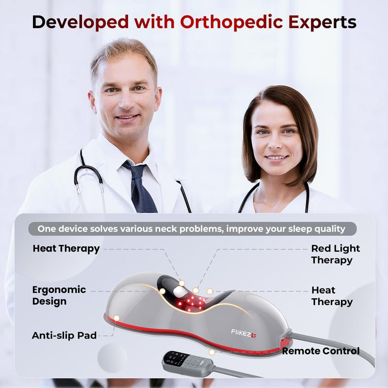 Flikeze Heated Neck Massager with Red Light Therapy, Portable Cervical Traction Device for TMJ Pain Relief and Shoulder Relaxer, Wireless Neck Pillow Traction Massager for Home/Office Used/Desk Worker, Neck Stretch Pillow, FSA HSA Eligible