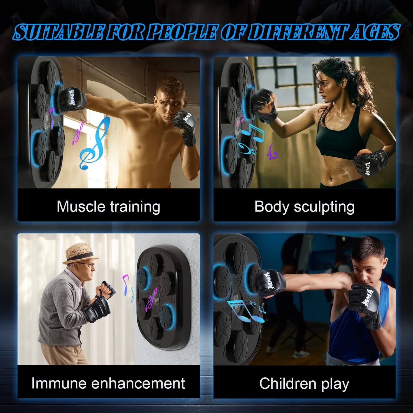 Upgraded Adult Smart Music Boxing Machine, Boxing Music Fitness Machine with Smart Display and Boxing Gloves, Smart Boxing Machine Wall-Mounted Music for Home and Gym (Black)