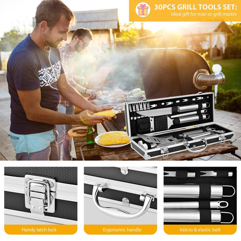 BBQ Grill Tool Set 30Pcs Heavy Duty Stainless Steel Utensils in Aluminum Case for Family Cooking & Grilling Essentials Non-Slip Grilling Accessories