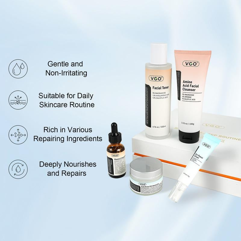 VGO 6 in 1 Kit Skincare Set, Facial Cleansing Set, Gift Box Set Face Serum, Gentle Serum Vitamina C Moisturizing Cream Deep Hydration Easily Absorbed Winter Moisturizer Dry Skin Reduce Wrinkles Brightening Serum Even Skin Tone Oil Control Serum Korean