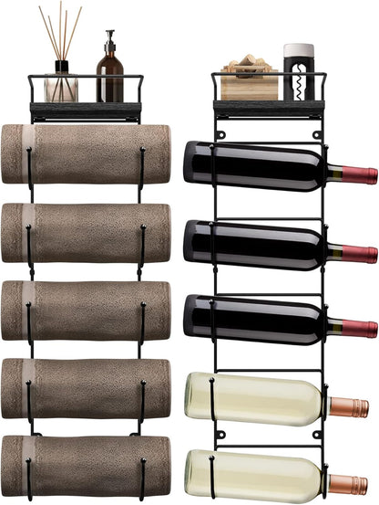 Bathroom Towel Holder - 5 Tier Metal Towel Rack with Wood Shelf for Rolled Bath Towels, Washcloths, Linens, Hand Towels, Soaps & Accessories - Wall Mounted Towel Rack for Bathroom Towel Storage