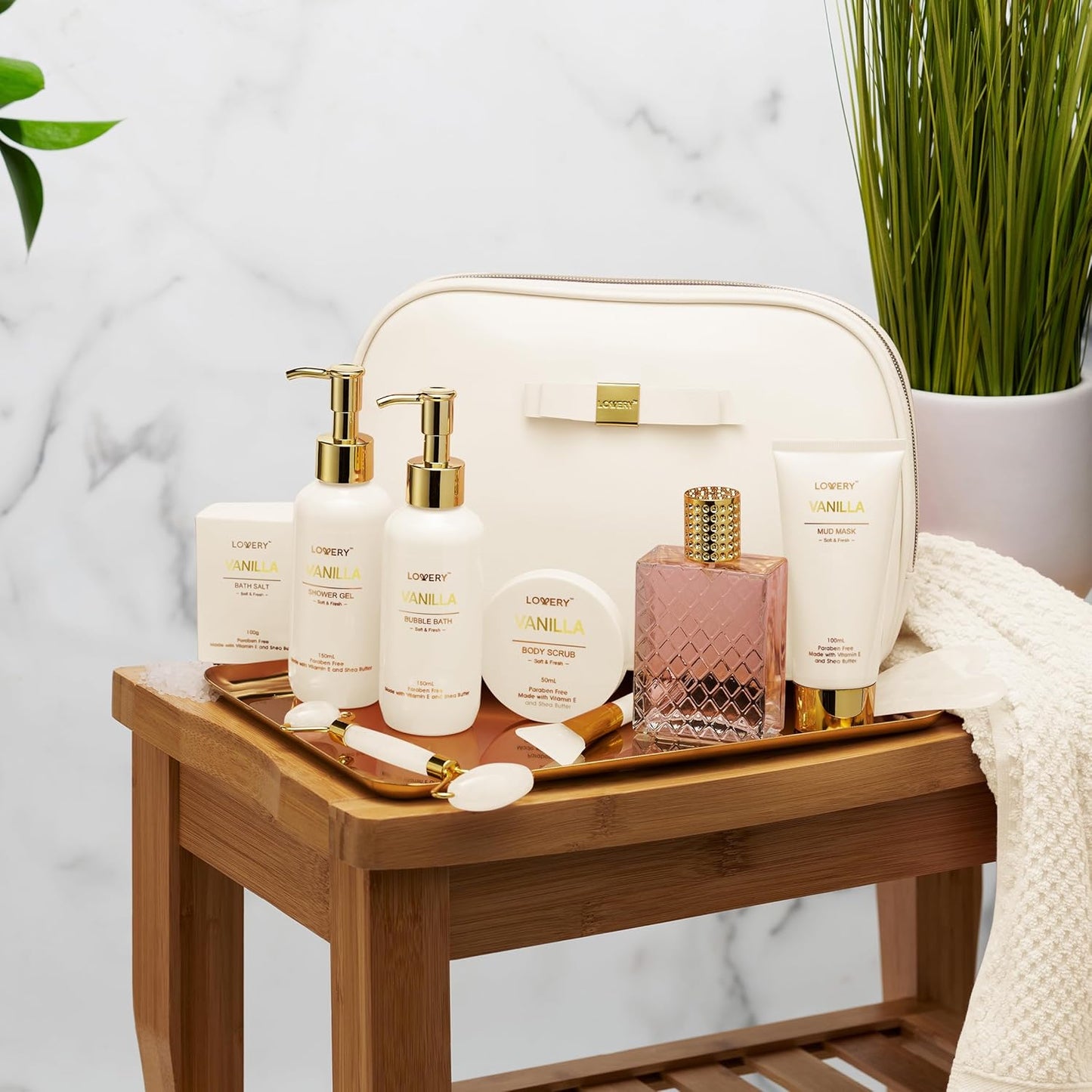 Gifts for Women, Vanilla Spa Gift Basket for Women - Self Care Kit Bath Set with Shower Gel, Bubble Bath, Perfume, Gua Sha, Jade Roller - Birthday Gift Set for Women, Mom, Mother'S Day