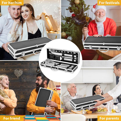 BBQ Grill Tool Set 30Pcs Heavy Duty Stainless Steel Utensils in Aluminum Case for Family Cooking & Grilling Essentials Non-Slip Grilling Accessories