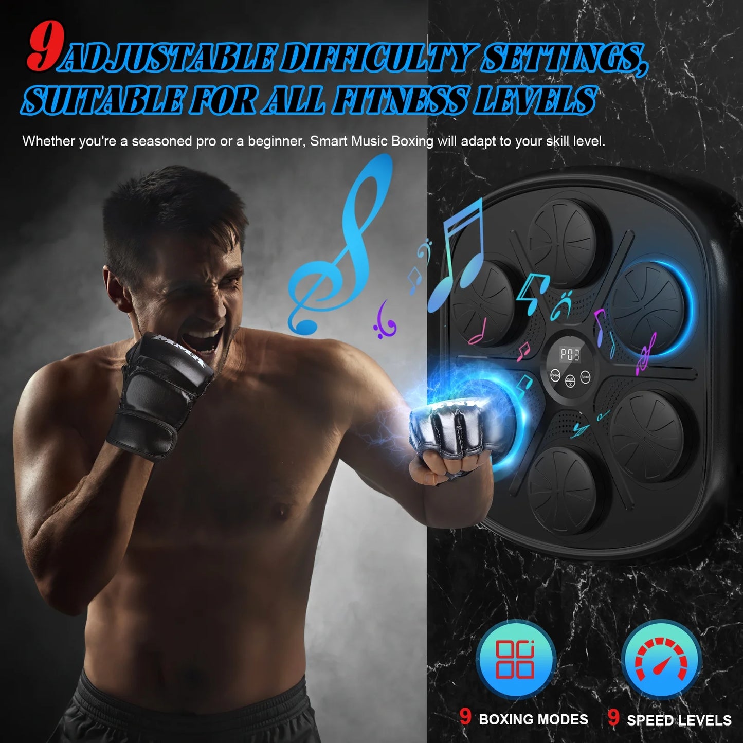 Upgraded Adult Smart Music Boxing Machine, Boxing Music Fitness Machine with Smart Display and Boxing Gloves, Smart Boxing Machine Wall-Mounted Music for Home and Gym (Black)
