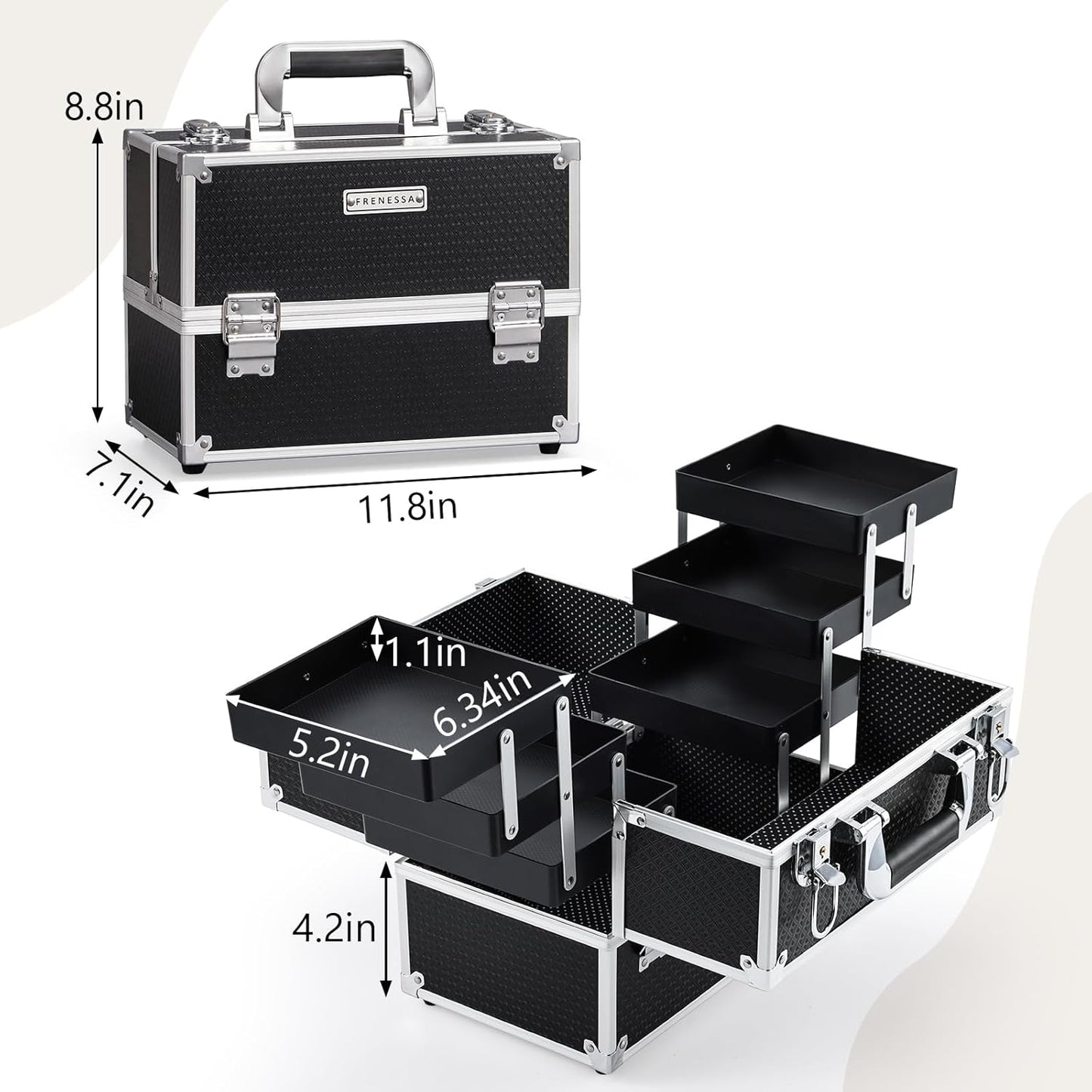 Makeup Train Case Makeup Case 11.8 Inch Large Cosmetic Box Organizer Travel Storage Professional Make up Train Carrying Case with 6 Trays Locking Hard Vanity Storage Black