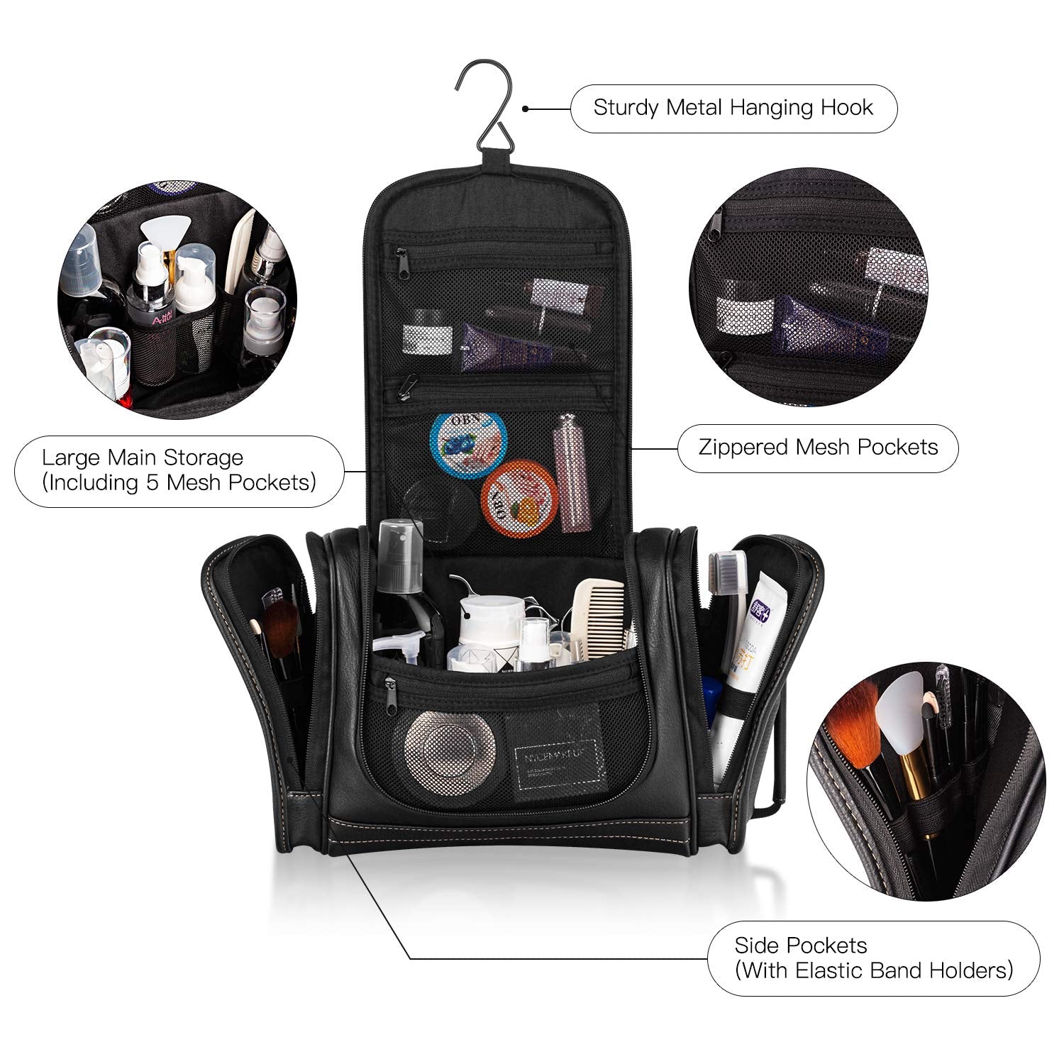 Hanging Toiletry Bag for Men Dopp Kit Waterproof Leather Travel Organizer Bag with Sturdy Metal Hook and Handle for Bathroom Shower Cosmetics Camping Gift for Men (Black)