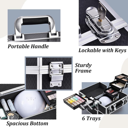 Makeup Train Case Makeup Case 11.8 Inch Large Cosmetic Box Organizer Travel Storage Professional Make up Train Carrying Case with 6 Trays Locking Hard Vanity Storage Black